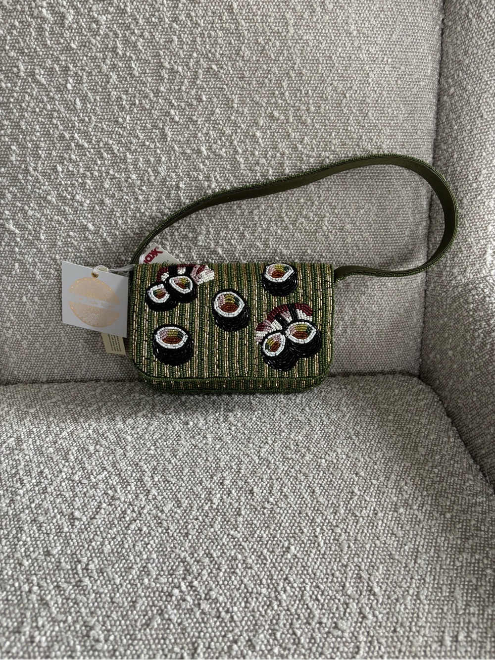 Beaded Olive Green Sushi Motif Crossbody Bag